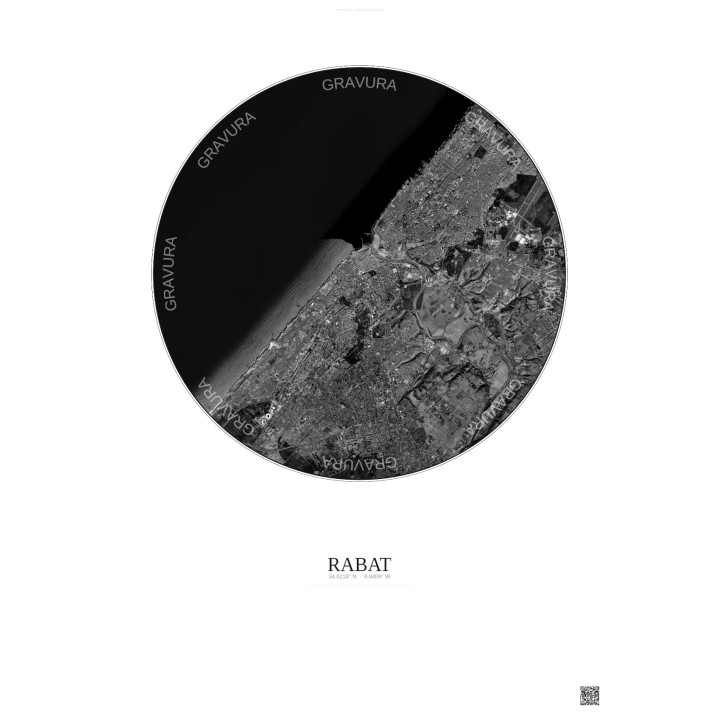 Affiche Rabat – Poster vue satellite 10km N&B | Gravura – Fond clair