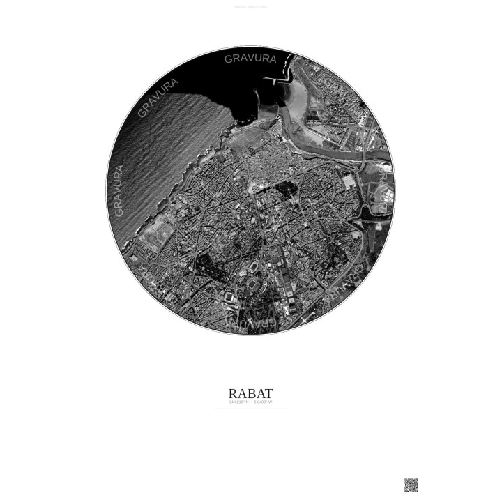 Affiche Rabat – Poster vue satellite 2.5km N&B | Gravura – Fond clair