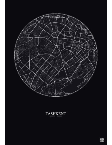 Affiche Tashkent – Poster carte de ville 6km | Gravura – Fond foncé