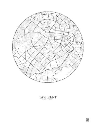 Affiche Tashkent – Poster carte de ville 6km | Gravura – Fond clair