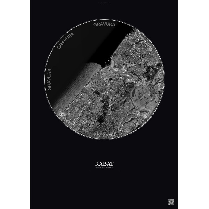 Affiche Rabat – Poster vue satellite 6km N&B | Gravura – Fond foncé