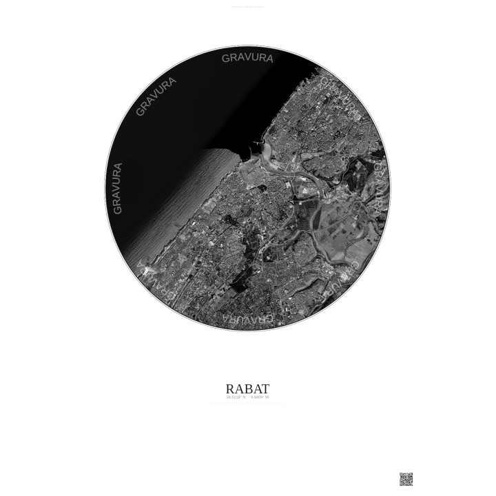 Affiche Rabat – Poster vue satellite 6km N&B | Gravura – Fond clair