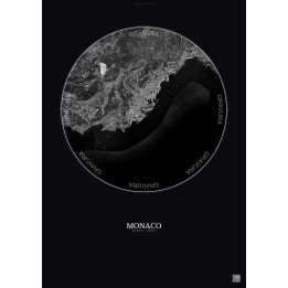 Affiche Monaco – Poster vue satellite 5km N&B | Gravura – Fond foncé