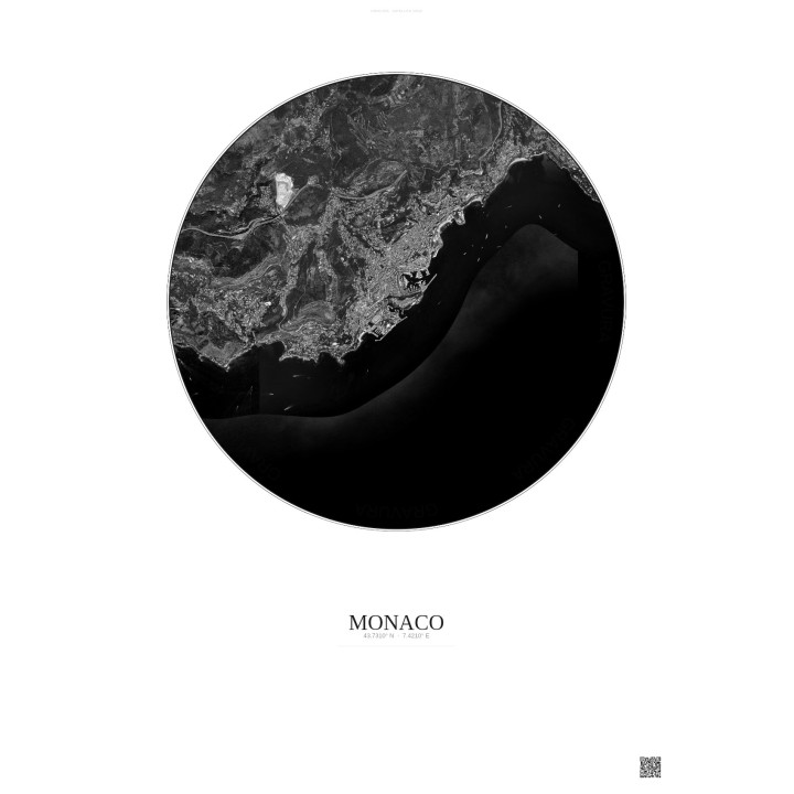 Affiche Monaco – Poster vue satellite 5km N&B | Gravura – Fond clair