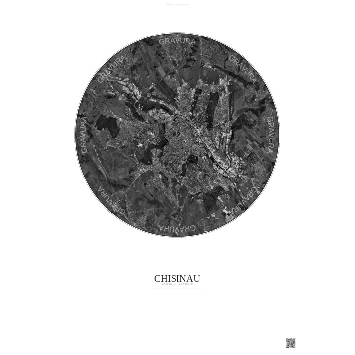 Affiche Chisinau – Poster vue satellite 10km N&B | Gravura – Fond clair