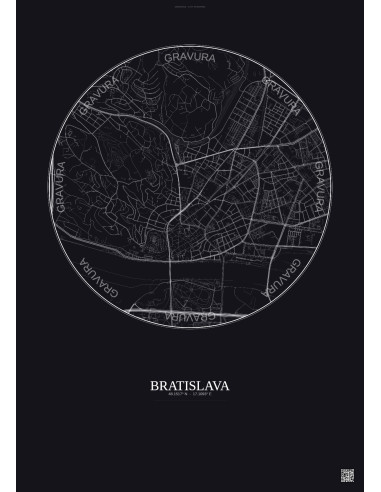 Affiche Bratislava – Poster carte de ville 2.5km | Gravura – Fond foncé