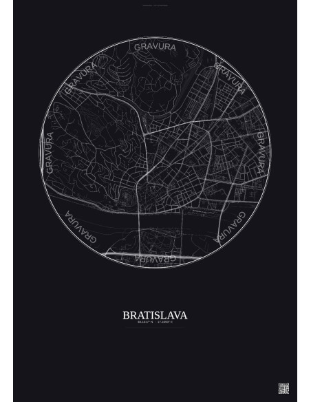 Affiche Bratislava – Poster carte de ville 2.5km | Gravura – Fond foncé