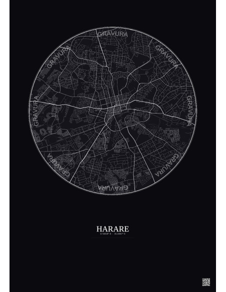 Affiche Harare – Poster carte de ville 10km | Gravura – Fond foncé