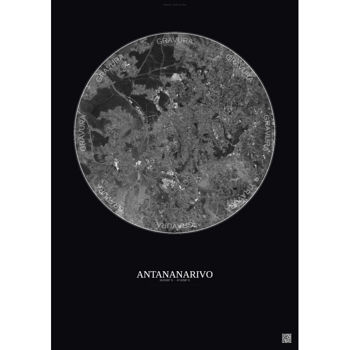Affiche Antananarivo – Poster vue satellite 10km N&B | Gravura – Fond foncé