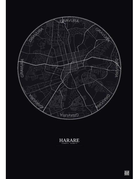 Affiche Harare – Poster carte de ville 6km | Gravura – Fond foncé