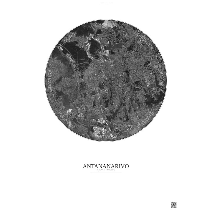 Affiche Antananarivo – Poster vue satellite 6km N&B | Gravura – Fond clair