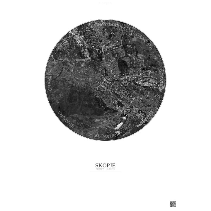 Affiche Skopje – Poster vue satellite 6km N&B | Gravura – Fond clair
