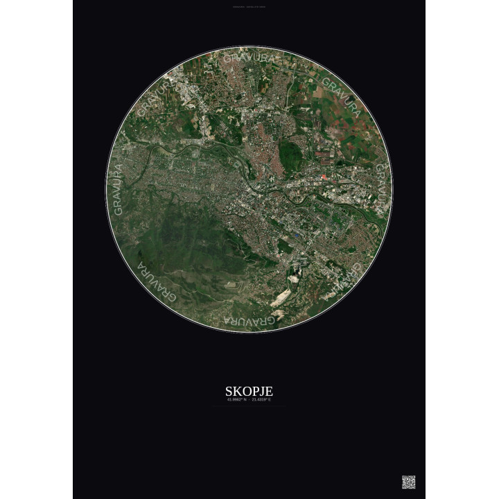 Affiche Skopje – Poster vue satellite 6km Couleur | Gravura – Fond foncé
