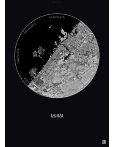 Affiche Dubai – Poster vue satellite 25km N&B | Gravura – Fond foncé