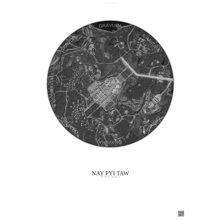 Affiche Nay Pyi Taw – Poster vue satellite 2.5km N&B | Gravura – Fond clair