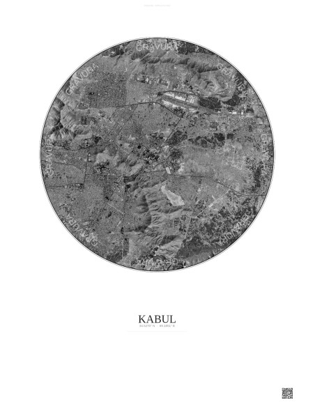 Kabul Satellite View Poster 10km B&W | Gravura – Light background