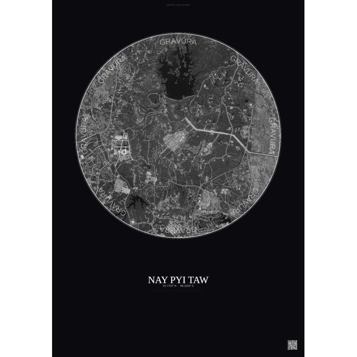 Affiche Nay Pyi Taw – Poster vue satellite 6km N&B | Gravura – Fond foncé