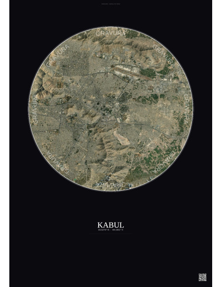 Affiche Kabul – Poster vue satellite 10km Couleur | Gravura – Fond foncé