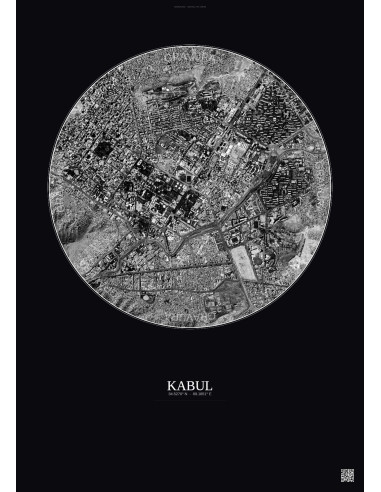 Affiche Kabul – Poster vue satellite 2.5km N&B | Gravura – Fond foncé