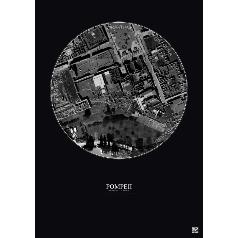 Affiche Pompeii – Poster vue satellite 0.1km N&B | Gravura – Fond foncé