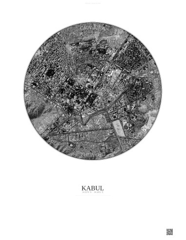 Affiche Kabul – Poster vue satellite 2.5km N&B | Gravura – Fond clair