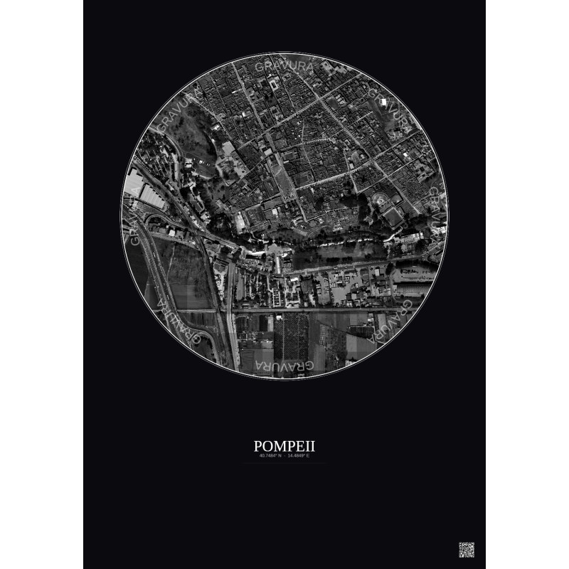 Affiche Pompeii – Poster vue satellite 0.5km N&B | Gravura – Fond foncé