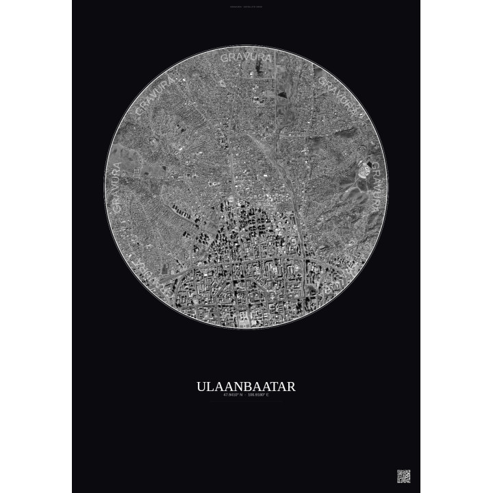 Affiche Ulaanbaatar – Poster vue satellite 2.5km N&B | Gravura – Fond foncé