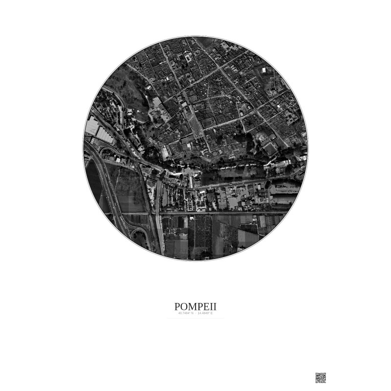 Affiche Pompeii – Poster vue satellite 0.5km N&B | Gravura – Fond clair