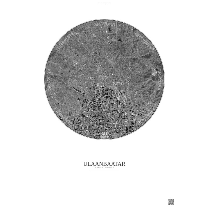 Affiche Ulaanbaatar – Poster vue satellite 2.5km N&B | Gravura – Fond clair