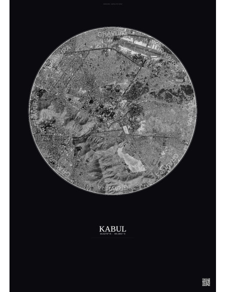 Affiche Kabul – Poster vue satellite 6km N&B | Gravura – Fond foncé