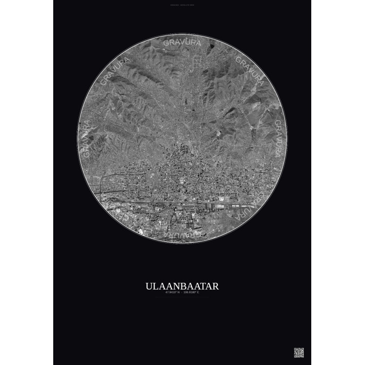Affiche Ulaanbaatar – Poster vue satellite 6km N&B | Gravura – Fond foncé