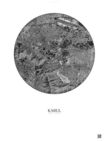 Affiche Kabul – Poster vue satellite 6km N&B | Gravura – Fond clair