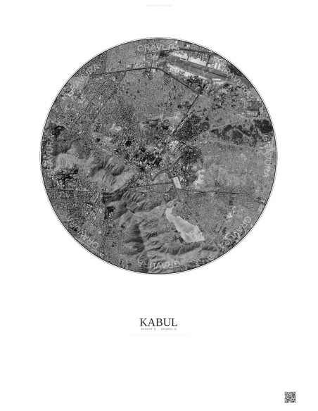Affiche Kabul – Poster vue satellite 6km N&B | Gravura – Fond clair