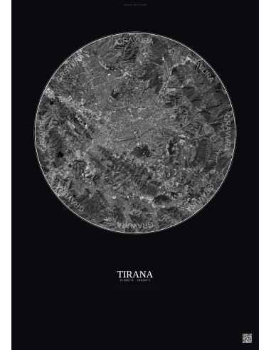 Affiche Tirana – Poster vue satellite 10km N&B | Gravura – Fond foncé