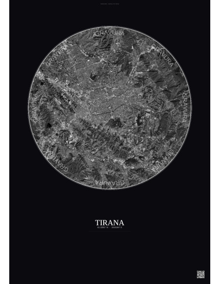Affiche Tirana – Poster vue satellite 10km N&B | Gravura – Fond foncé