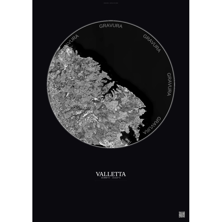 Affiche Valletta – Poster vue satellite 10km N&B | Gravura – Fond foncé