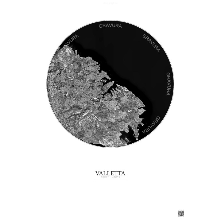 Affiche Valletta – Poster vue satellite 10km N&B | Gravura – Fond clair