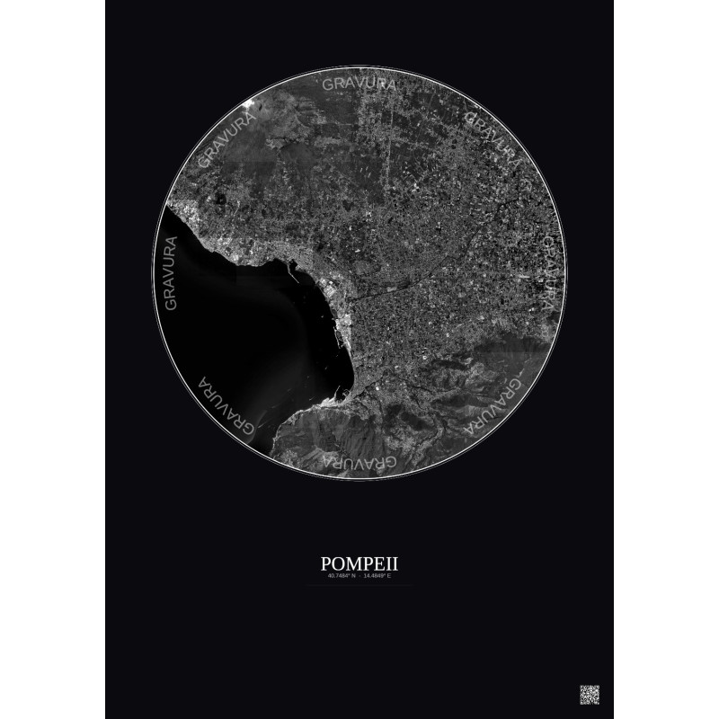 Affiche Pompeii – Poster vue satellite 10km N&B | Gravura – Fond foncé
