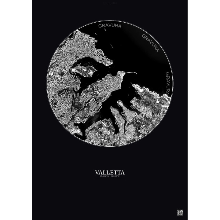 Affiche Valletta – Poster vue satellite 2.5km N&B | Gravura – Fond foncé