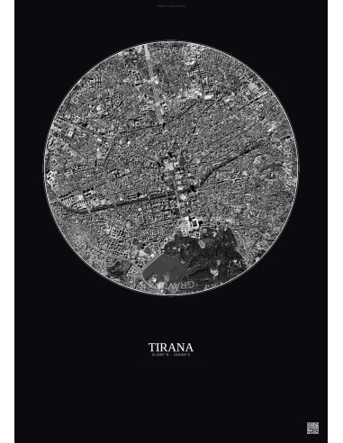Affiche Tirana – Poster vue satellite 2.5km N&B | Gravura – Fond foncé