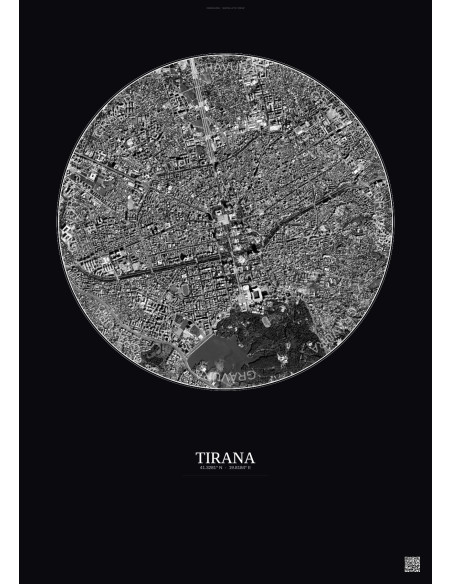 Affiche Tirana – Poster vue satellite 2.5km N&B | Gravura – Fond foncé