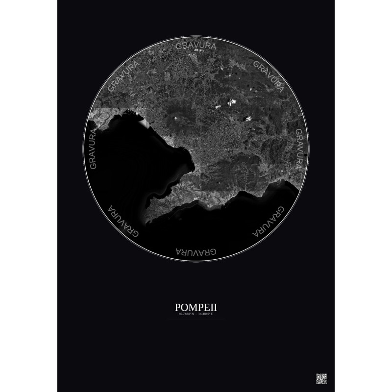 Affiche Pompeii – Poster vue satellite 30km N&B | Gravura – Fond foncé