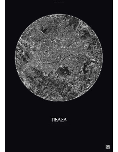 Affiche Tirana – Poster vue satellite 6km N&B | Gravura – Fond foncé