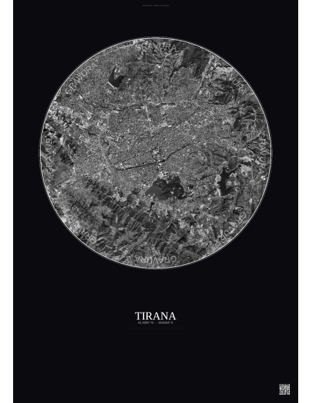 Affiche Tirana – Poster vue satellite 6km N&B | Gravura – Fond foncé