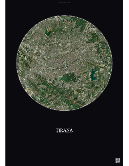 Tirana Satellite View Poster 6km Color | Gravura – Dark background