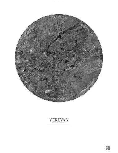 Affiche Yerevan – Poster vue satellite 10km N&B | Gravura – Fond clair