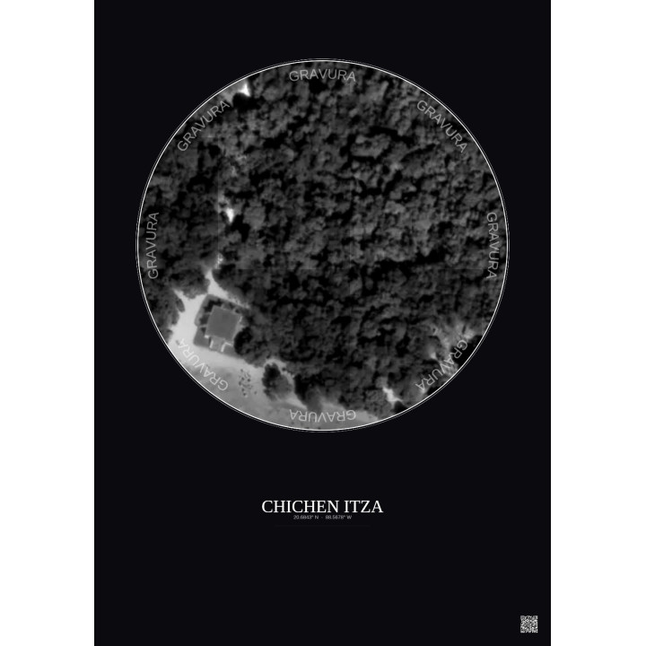 Affiche Chichen Itza – Poster vue satellite 0.1km N&B | Gravura – Fond foncé