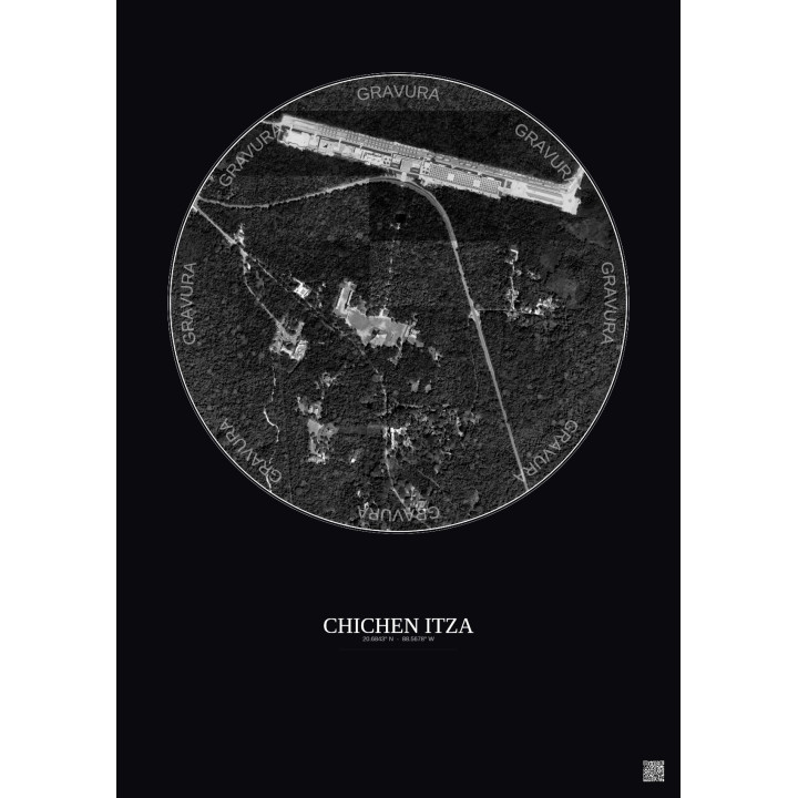 Affiche Chichen Itza – Poster vue satellite 1km N&B | Gravura – Fond foncé