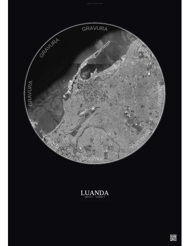 Affiche Luanda – Poster vue satellite 10km N&B | Gravura – Fond foncé