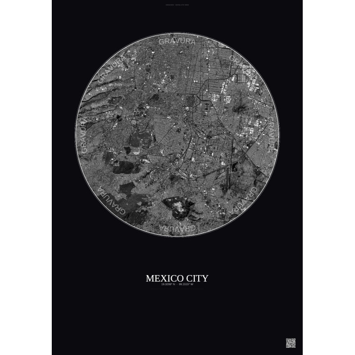 Affiche Mexico City – Poster vue satellite 10km N&B | Gravura – Fond foncé